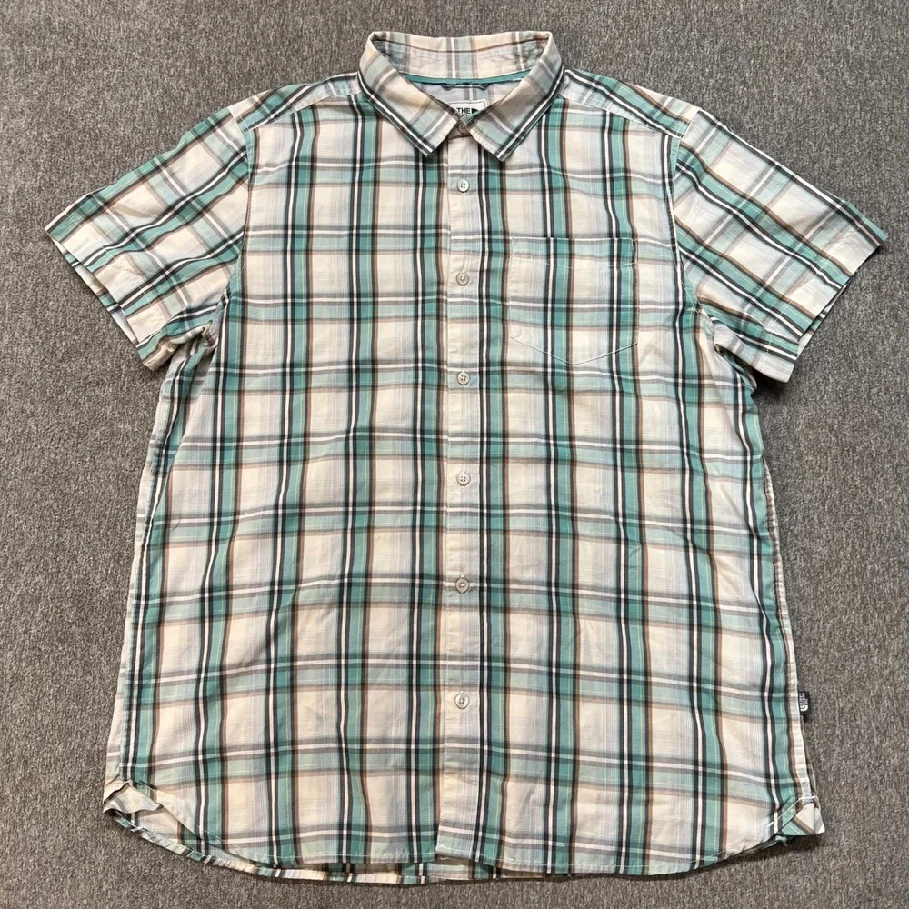 The North Face Mens Plaid Short Sleeve Button Down Shirt‎ Teal Brown XL 146